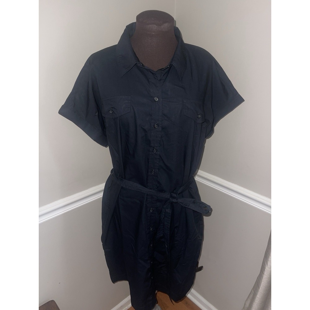 Talbots Modern Poplin ShirtDress Black Pockets Womens Sz 18 Cotton